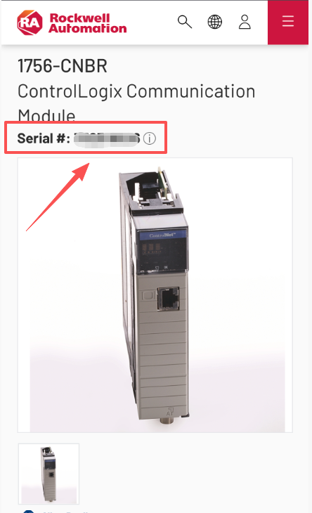 Rockwell Automation official product page displaying the serial number
